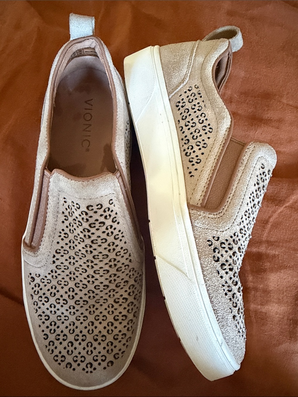 Vionic Women's Slip-On Perforated Suede Sneakers in Beige